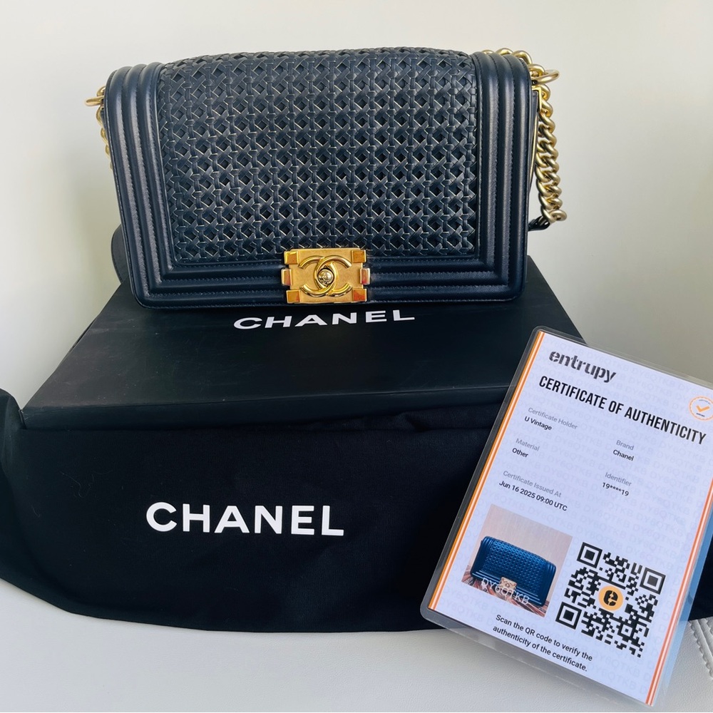Chanel Navy and Gold woven boy bag with COA and full inclusion